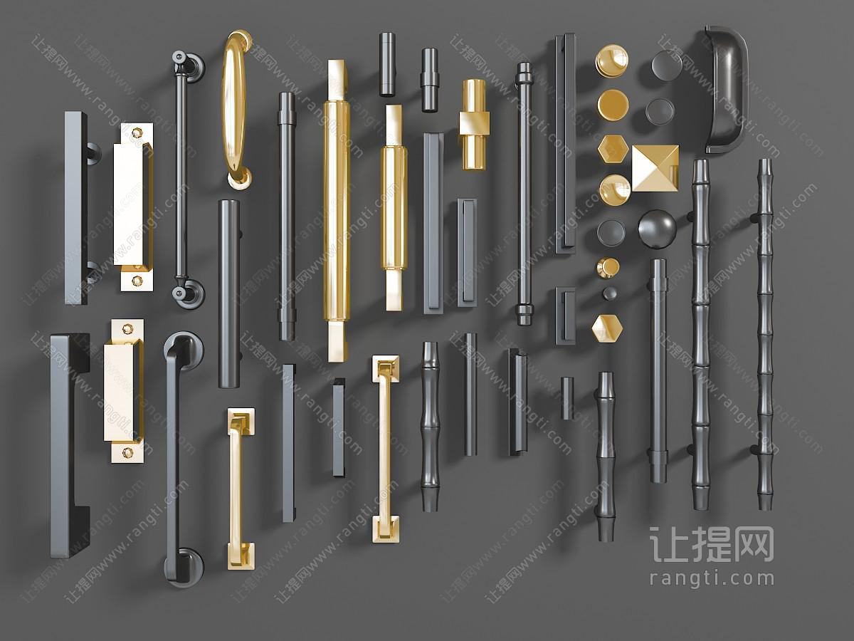 不同种类的黑色、金色金属拉手