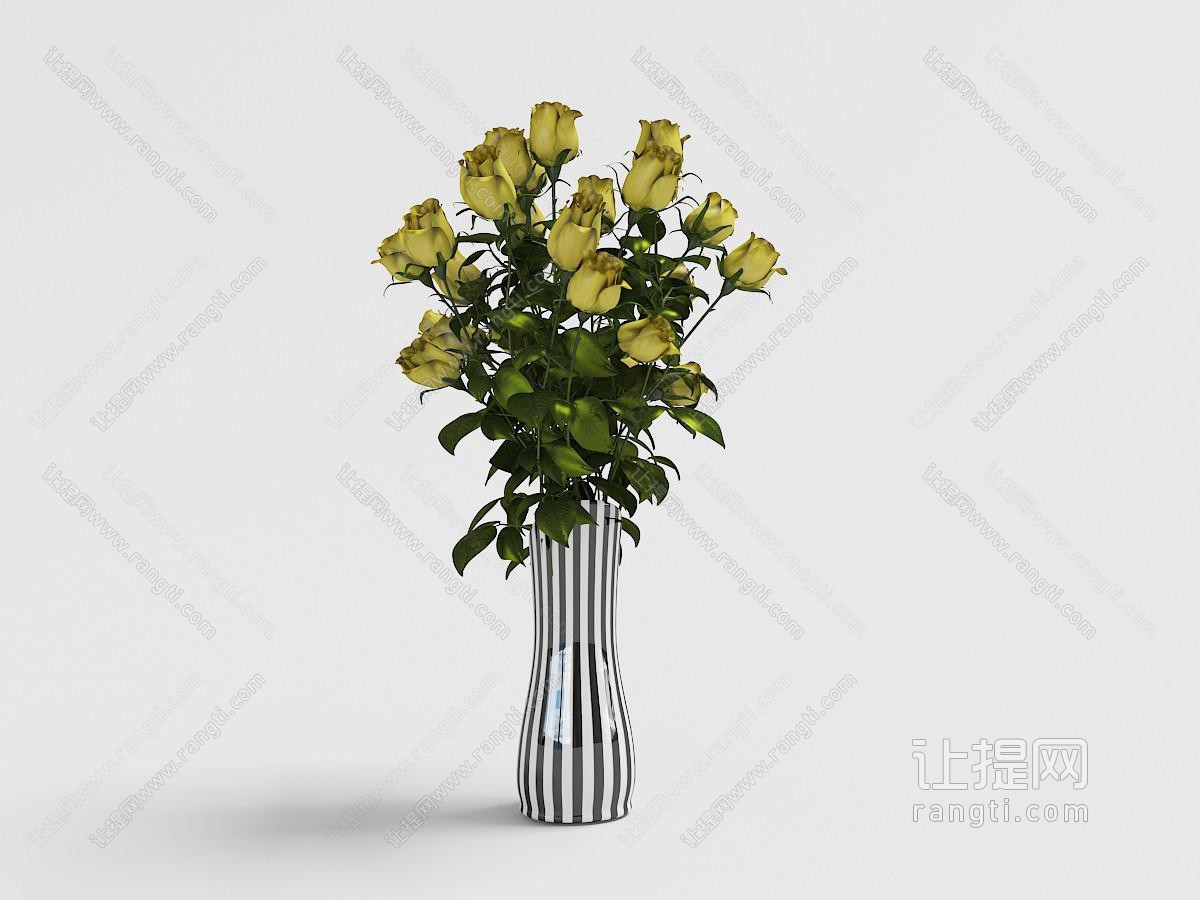 黄色玫瑰花束和条纹玻璃花瓶花卉