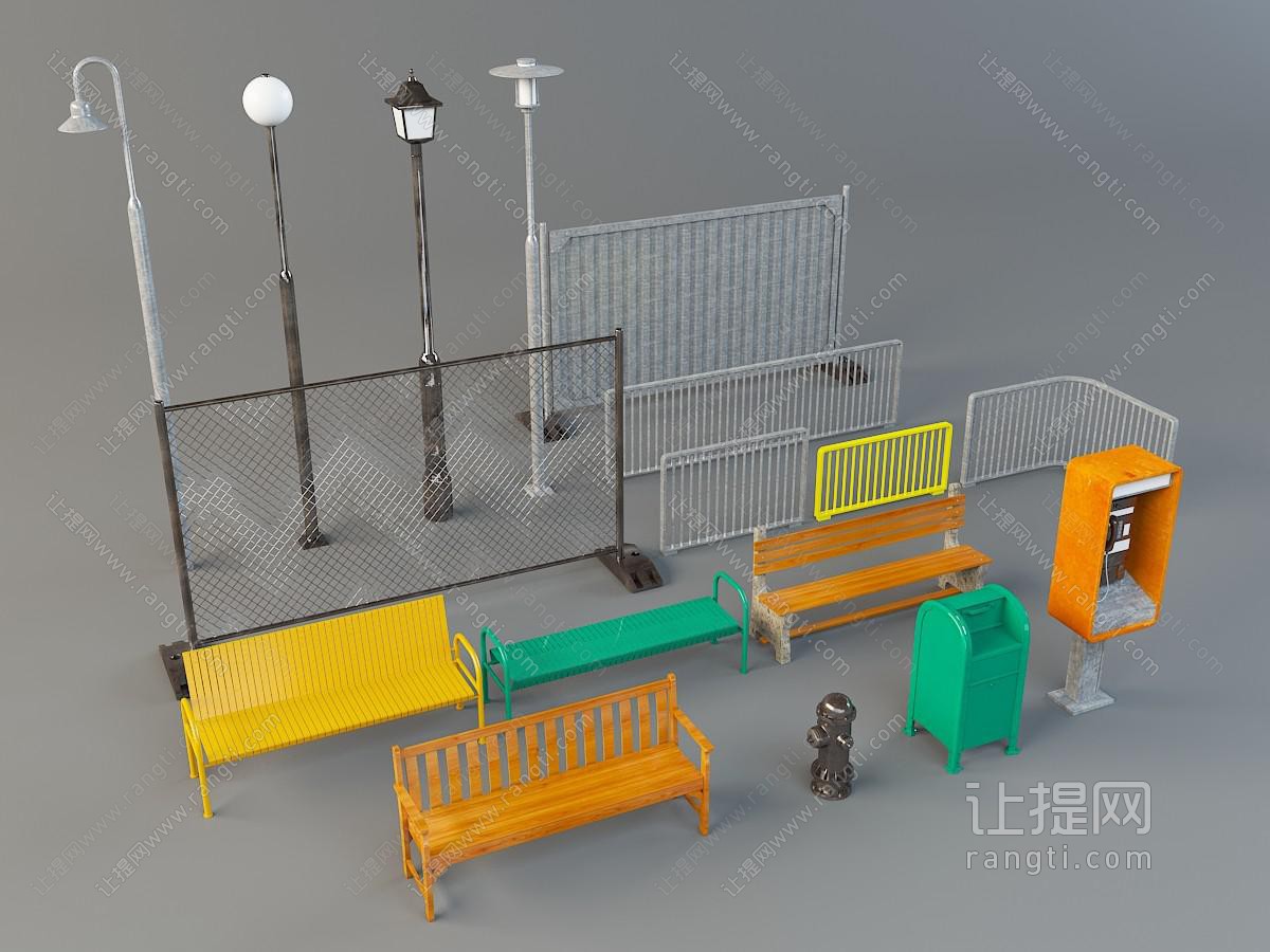 路灯、铁丝网路障、垃圾桶和长椅等公共设备组合