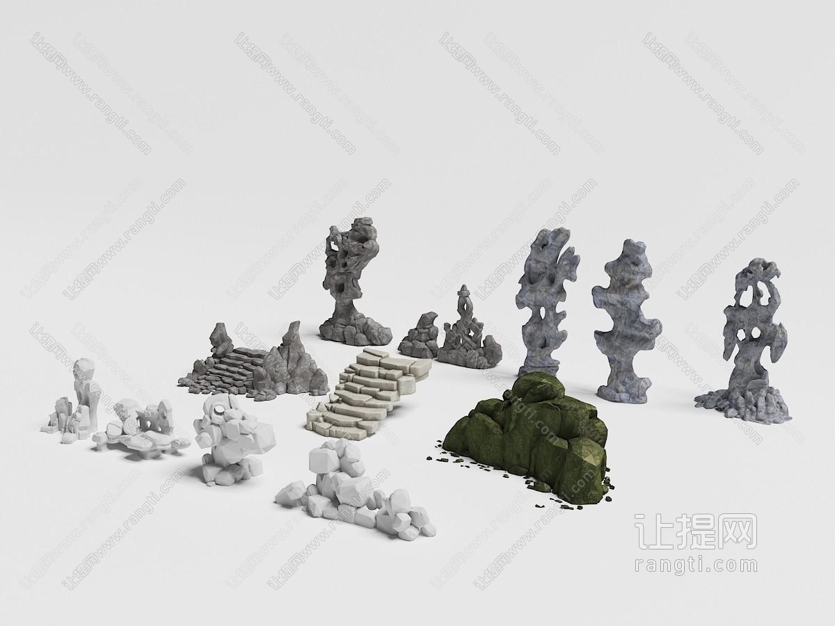 中式园林假山石头石阶组合
