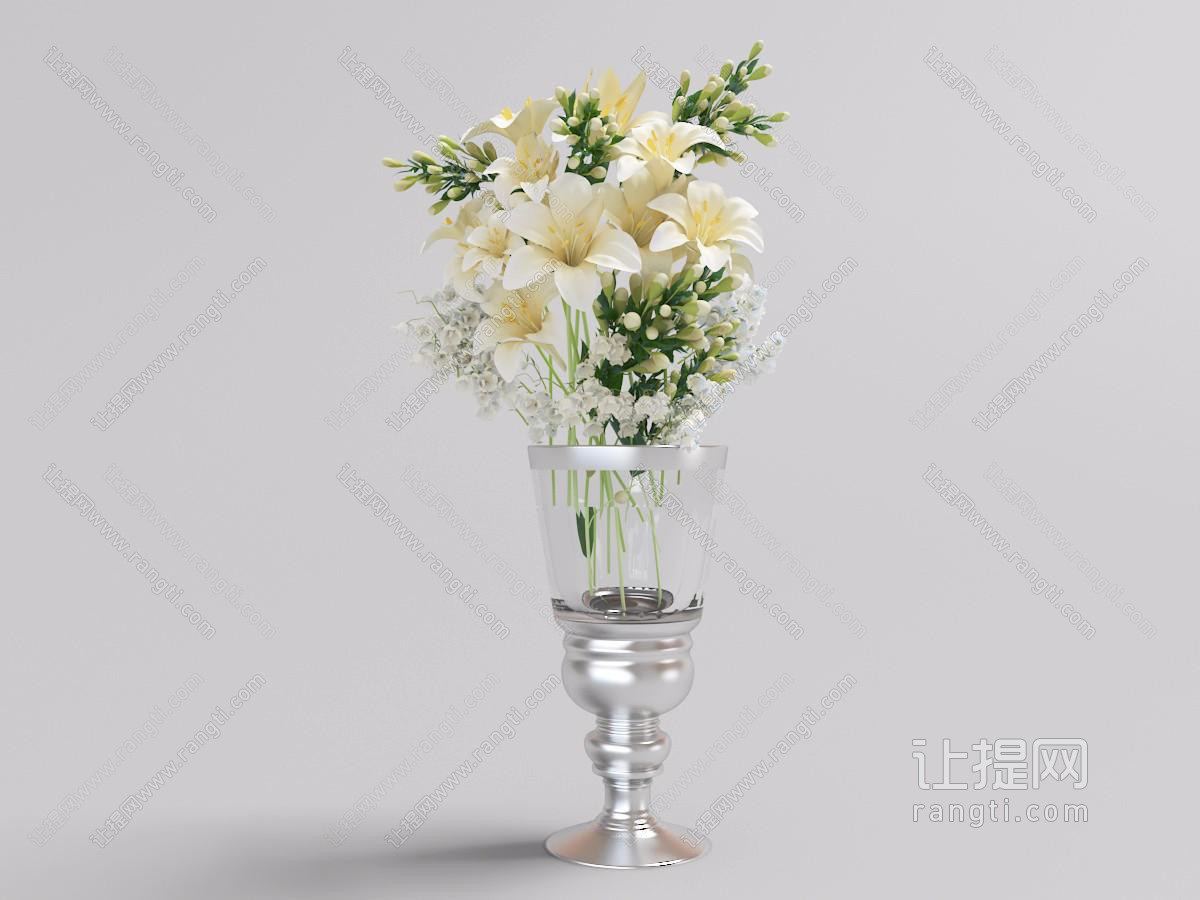 欧式带有金属底座玻璃花瓶百合花