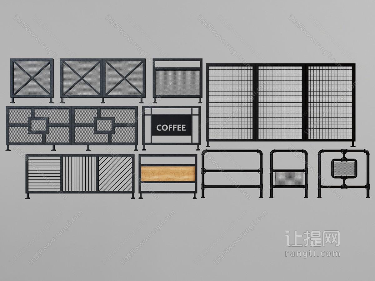 工业风黑色金属边框带有金属网的栏杆、护栏