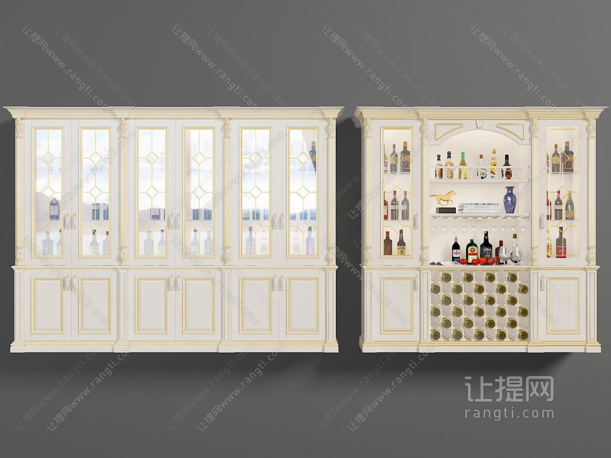 简欧白色镶嵌金色边的玻璃柜门餐边柜、酒柜