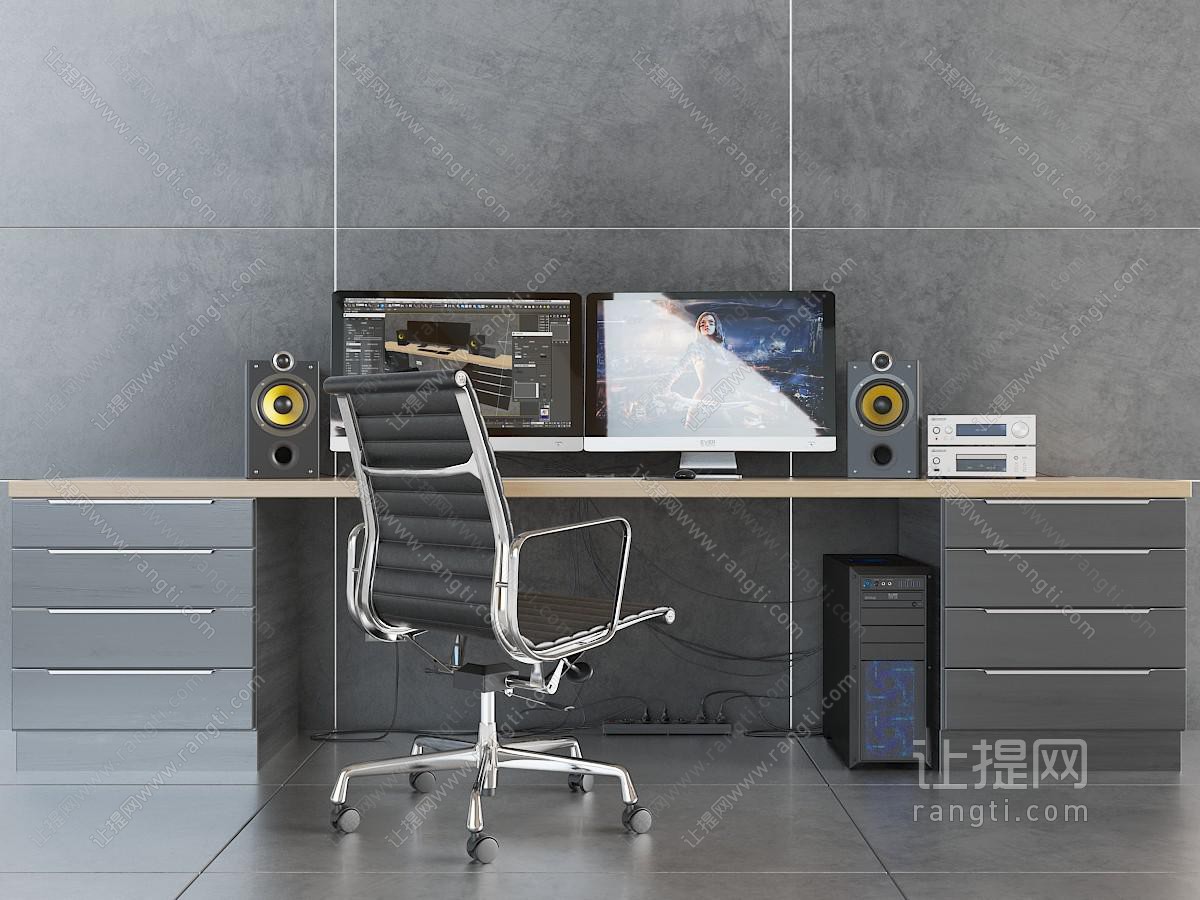 现代带有抽屉支架的双人书桌椅、电脑音响