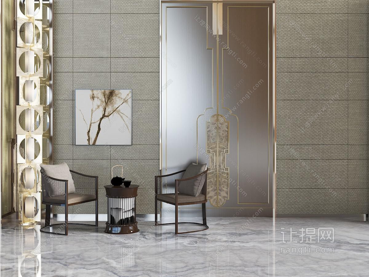 中式实木扶手椅、休闲椅和圆形茶几、边几