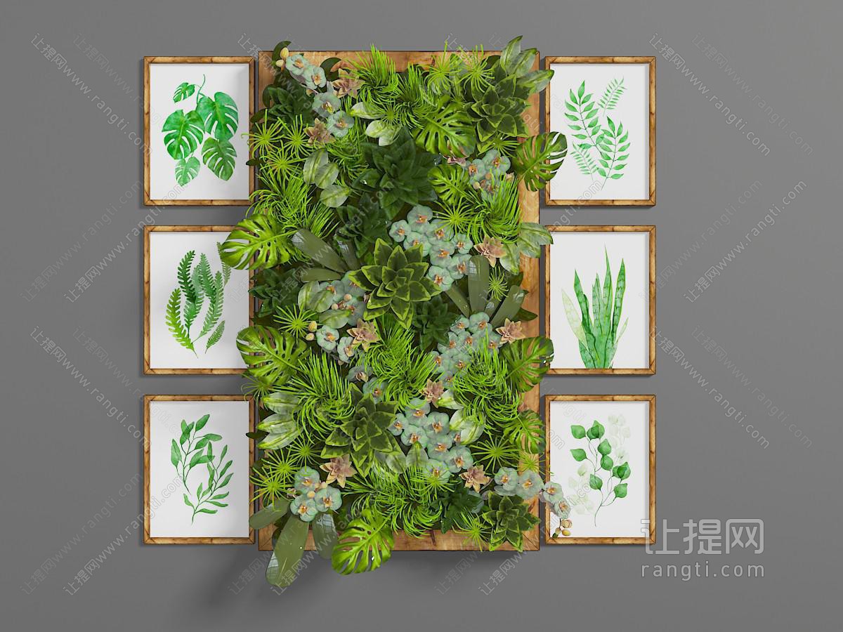 实木长方形植物装饰画、植物墙