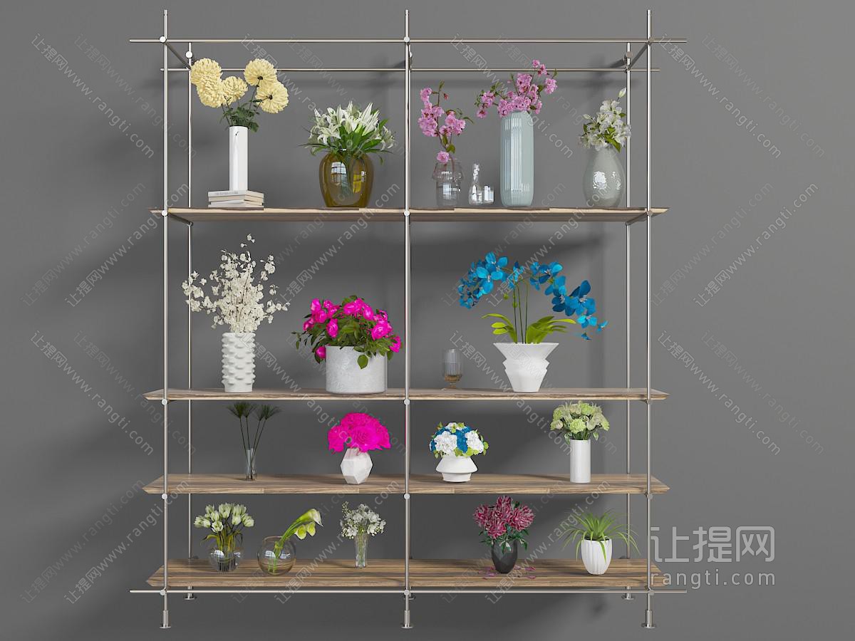 金属支架摆满花瓶花卉的装饰架、花架