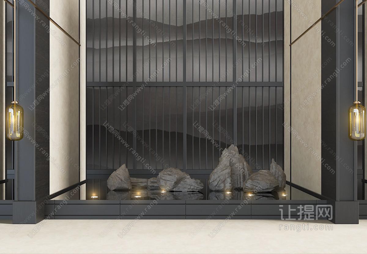 新中式客厅、大堂石头园艺小品