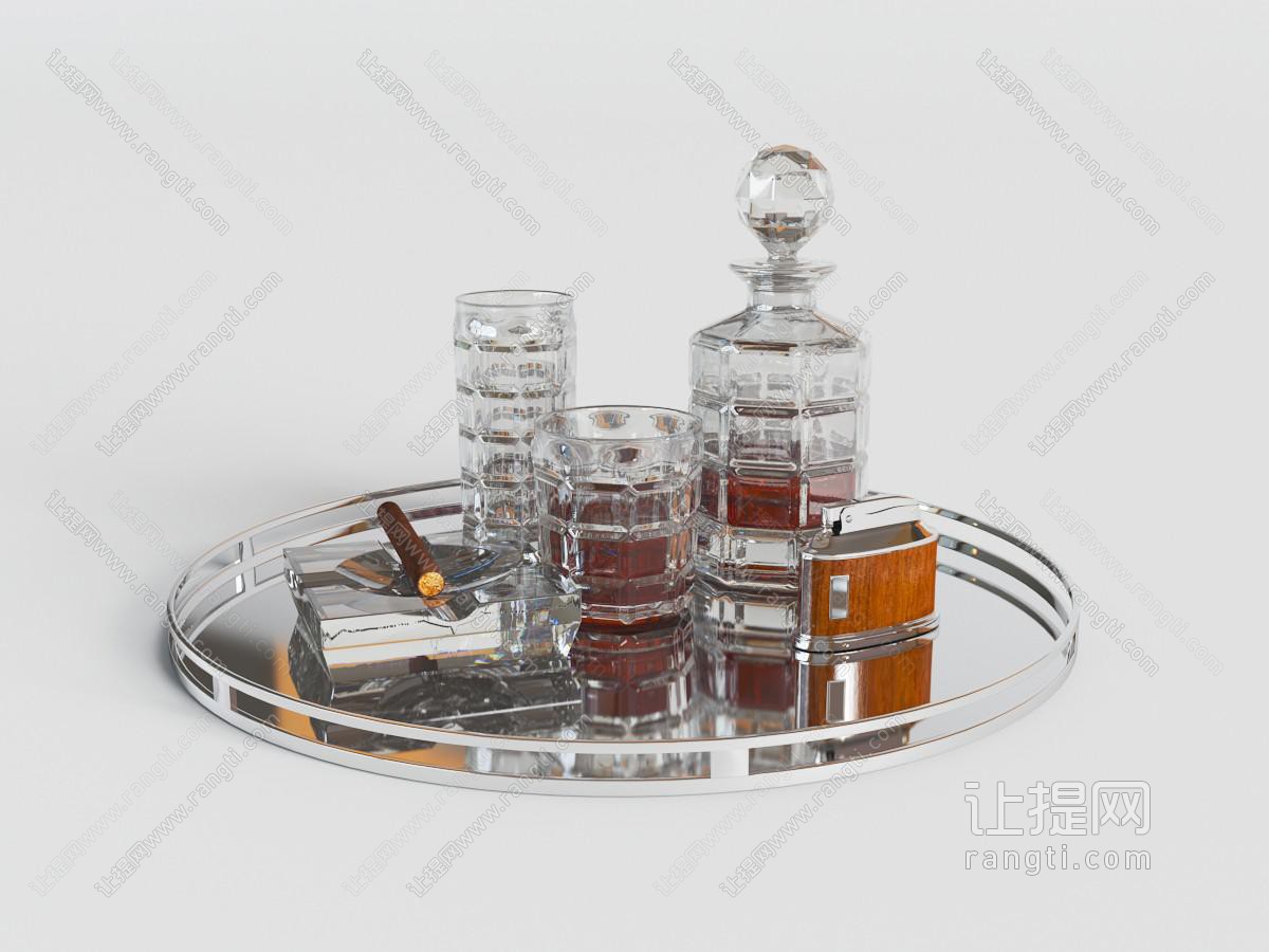 现代圆形托盘里的玻璃红酒瓶和玻璃杯