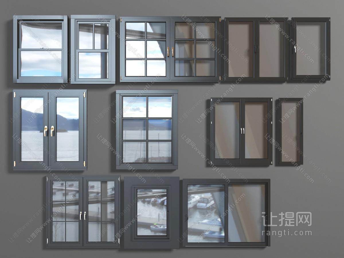 现代黑色金属边框的玻璃平开窗