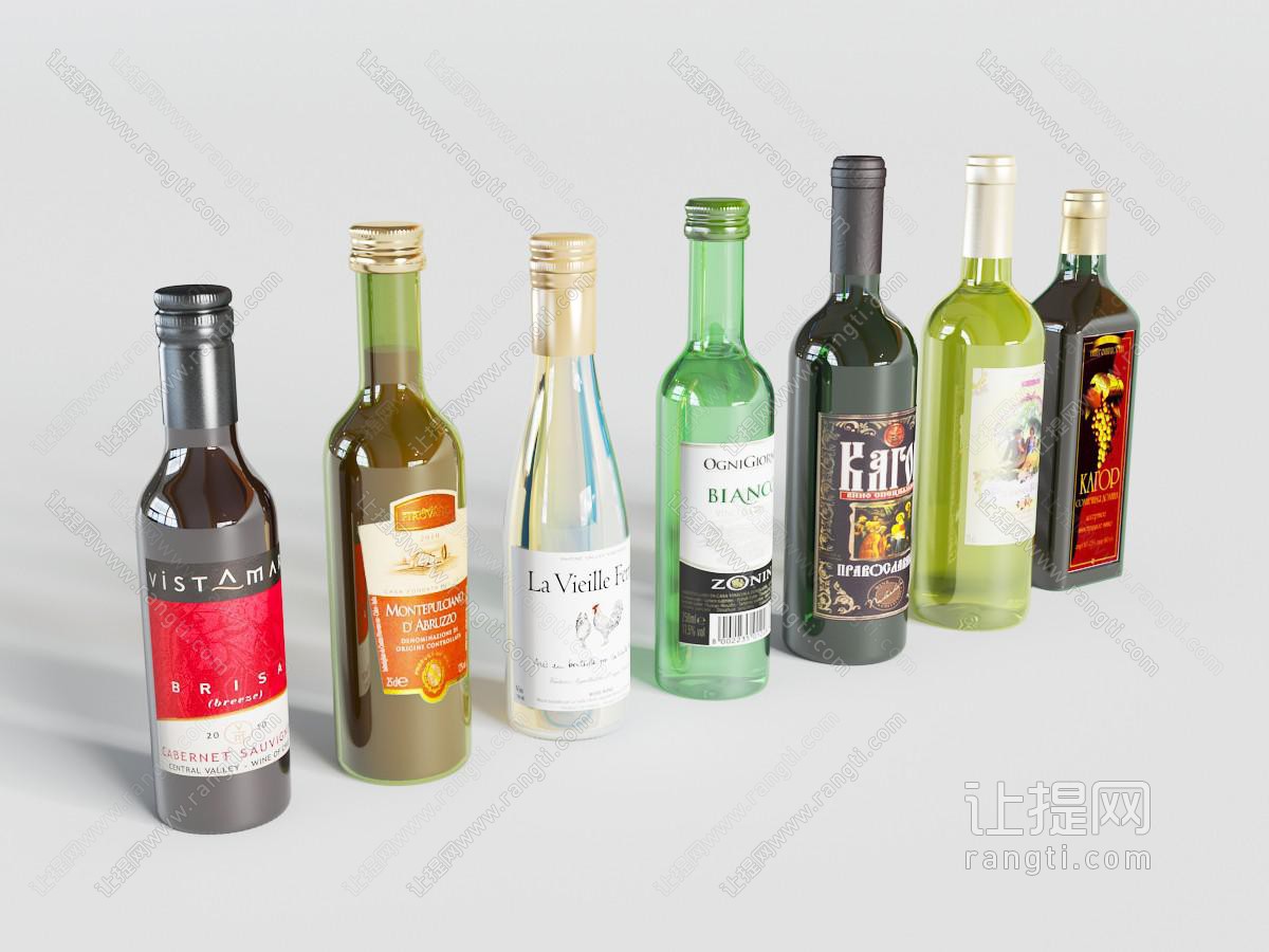 不同颜色玻璃瓶身金属瓶盖的酒瓶