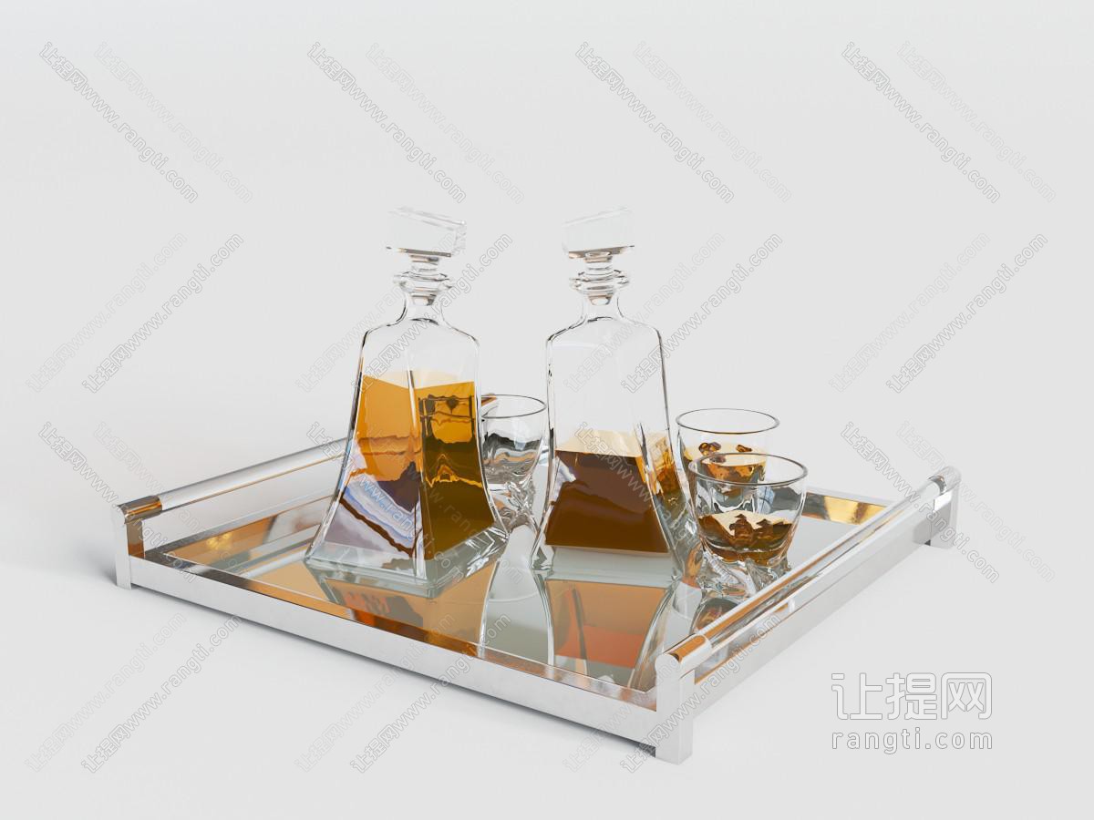 不锈钢托盘里的红酒瓶酒杯