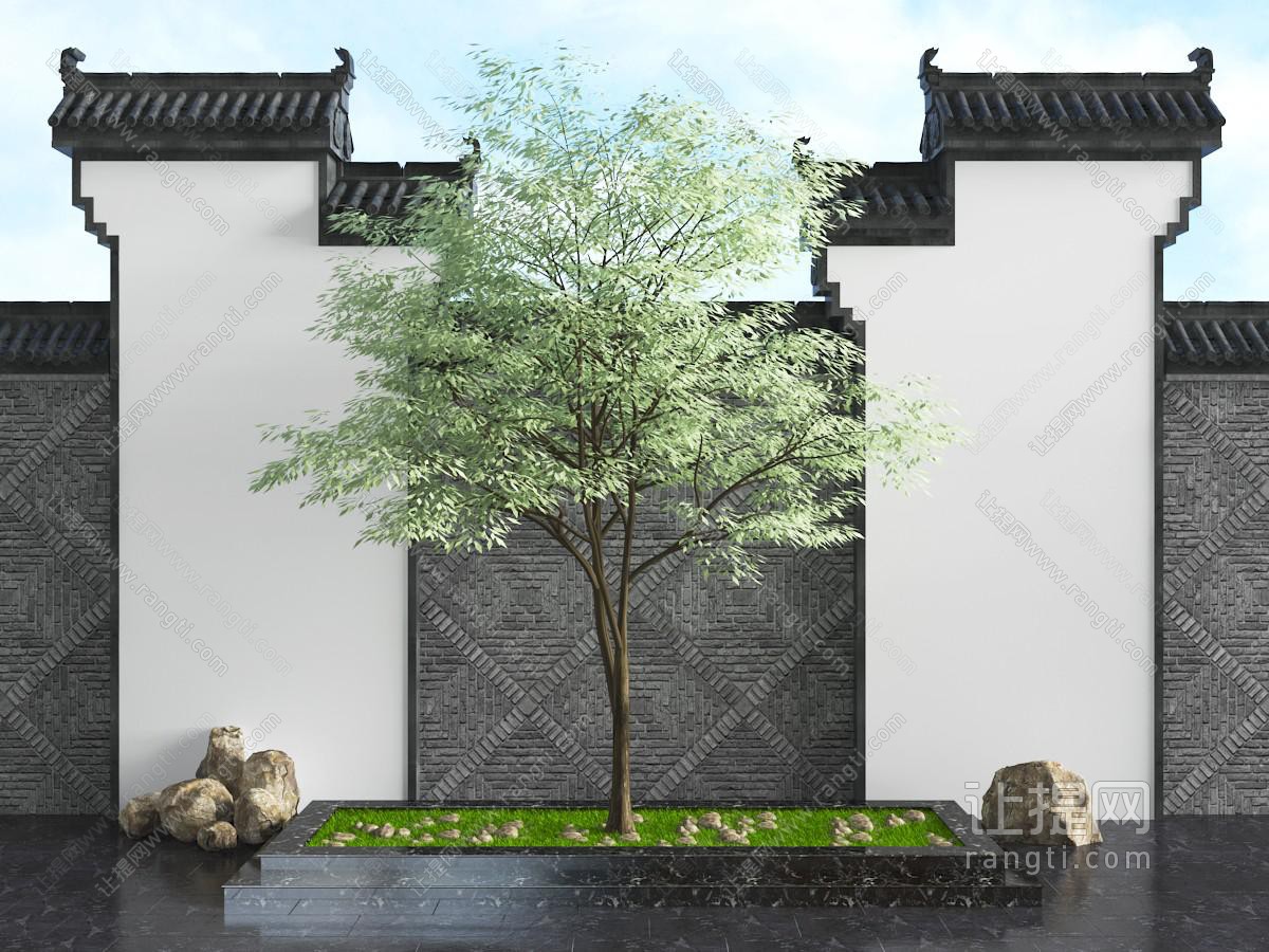 中式马头墙大树景观小品