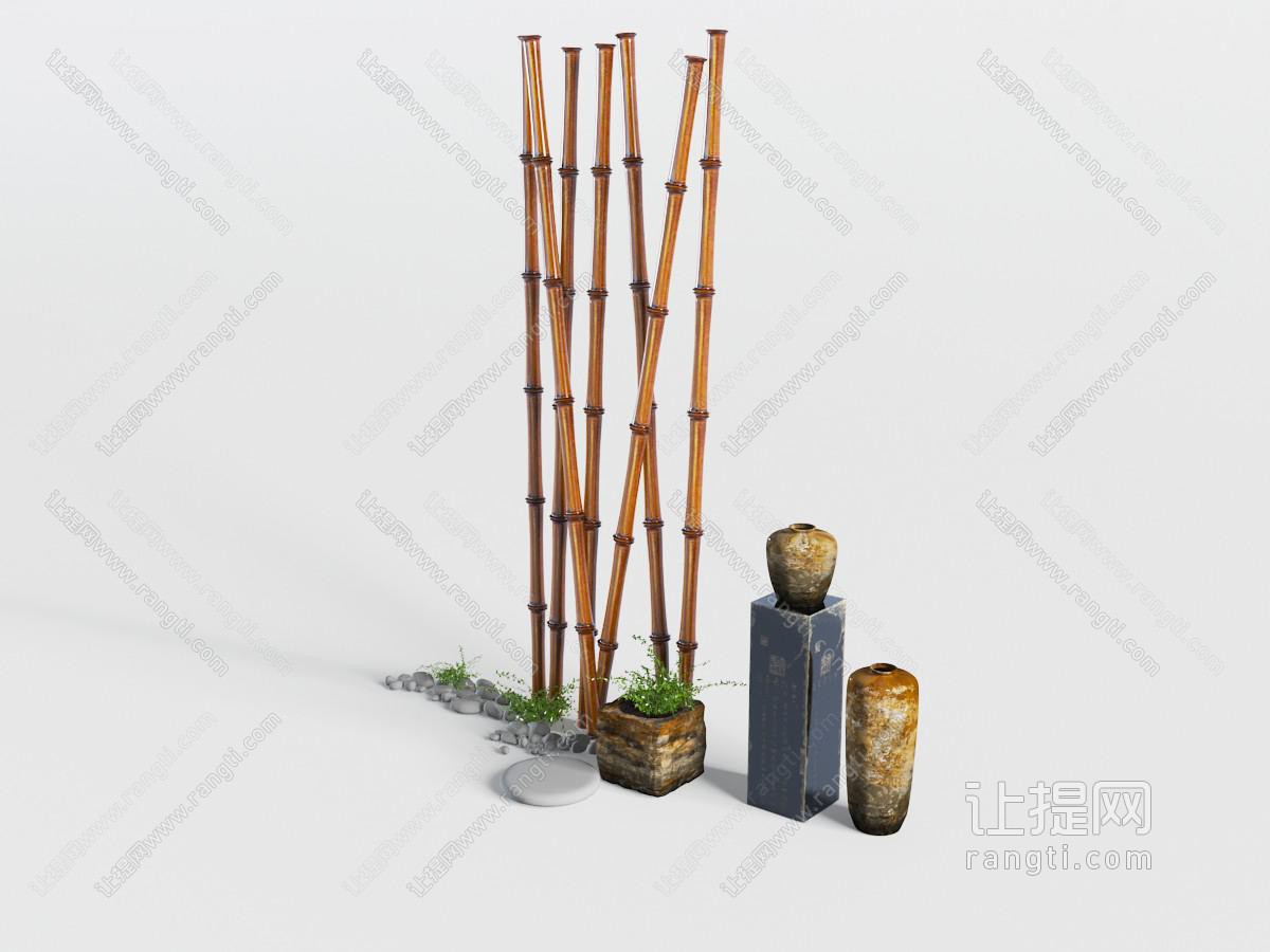 中式民宿竹竿、盆栽植物景观小品