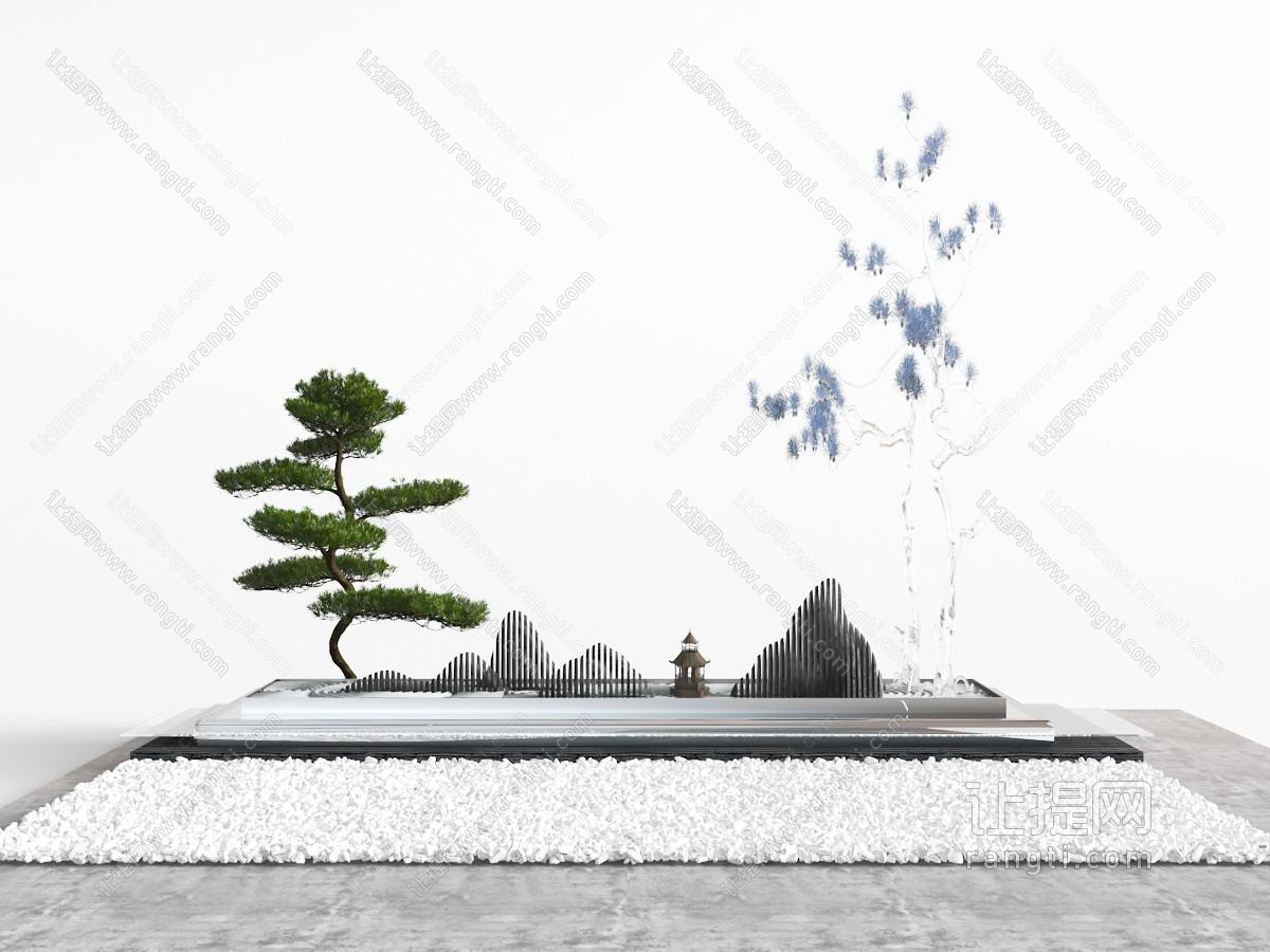 中式松树石头景观小品
