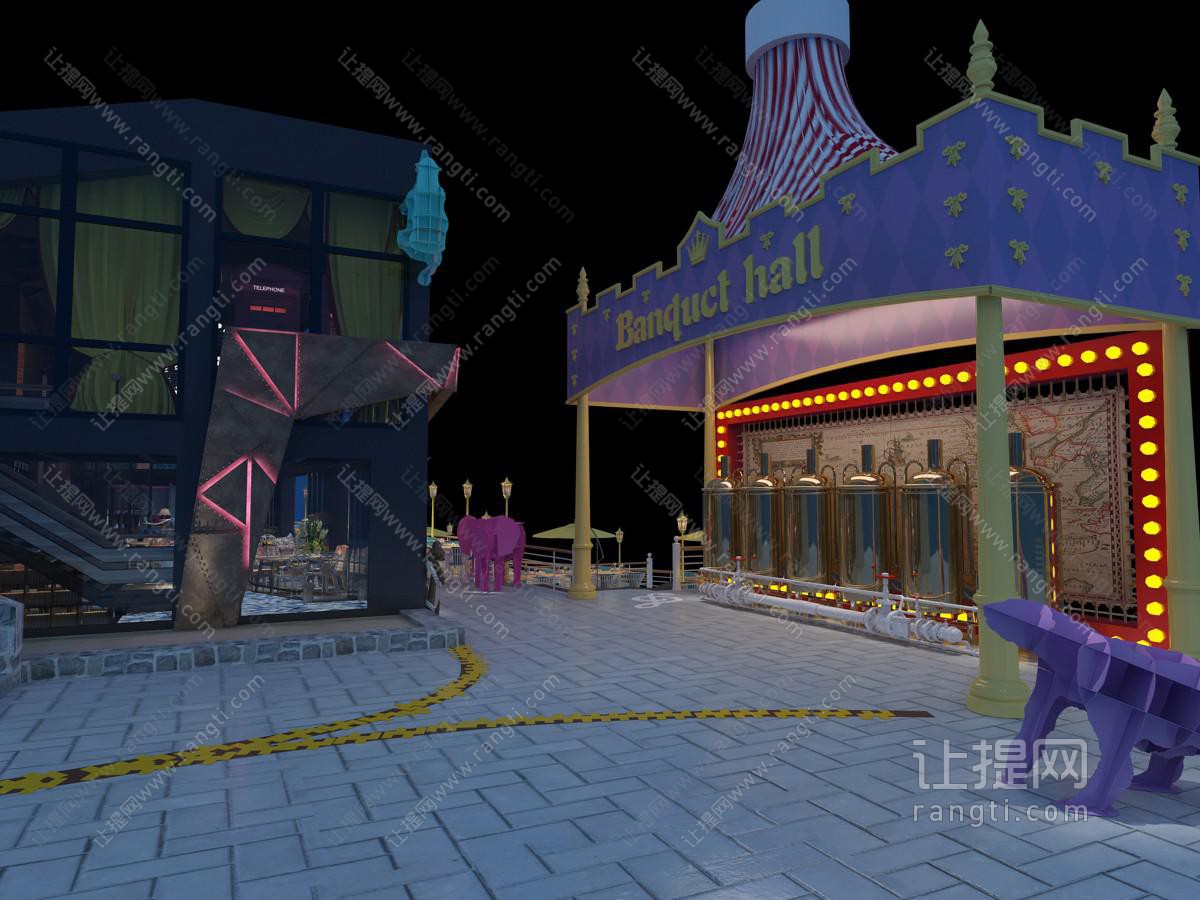 后现代饭店门头夜景
