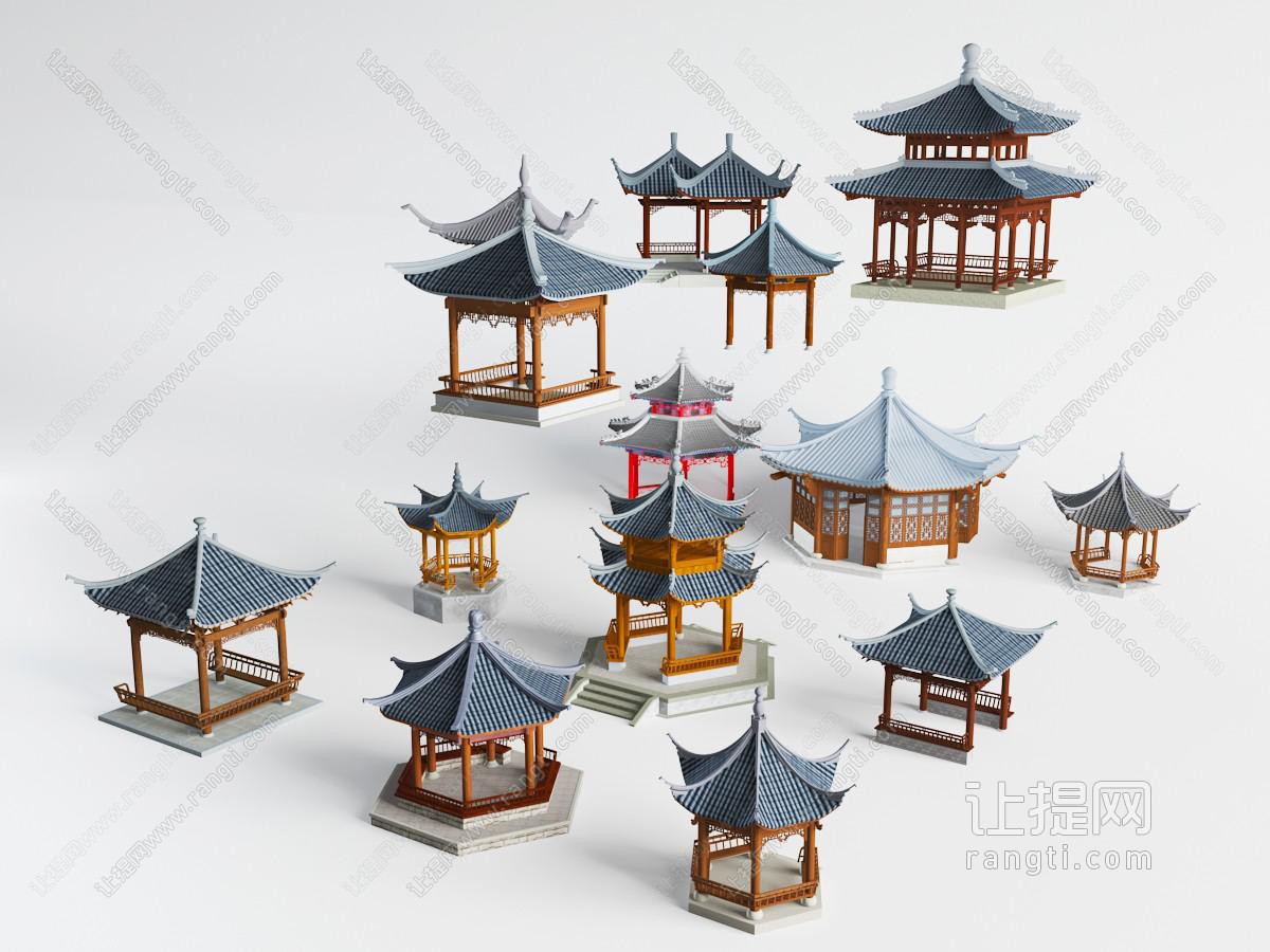 中式建筑公园四角、八角凉亭亭子