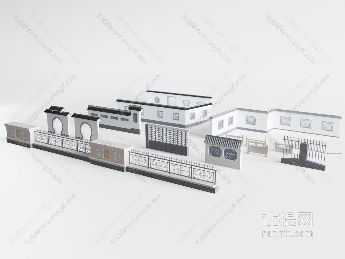 中式建筑围墙、拱形门和围栏