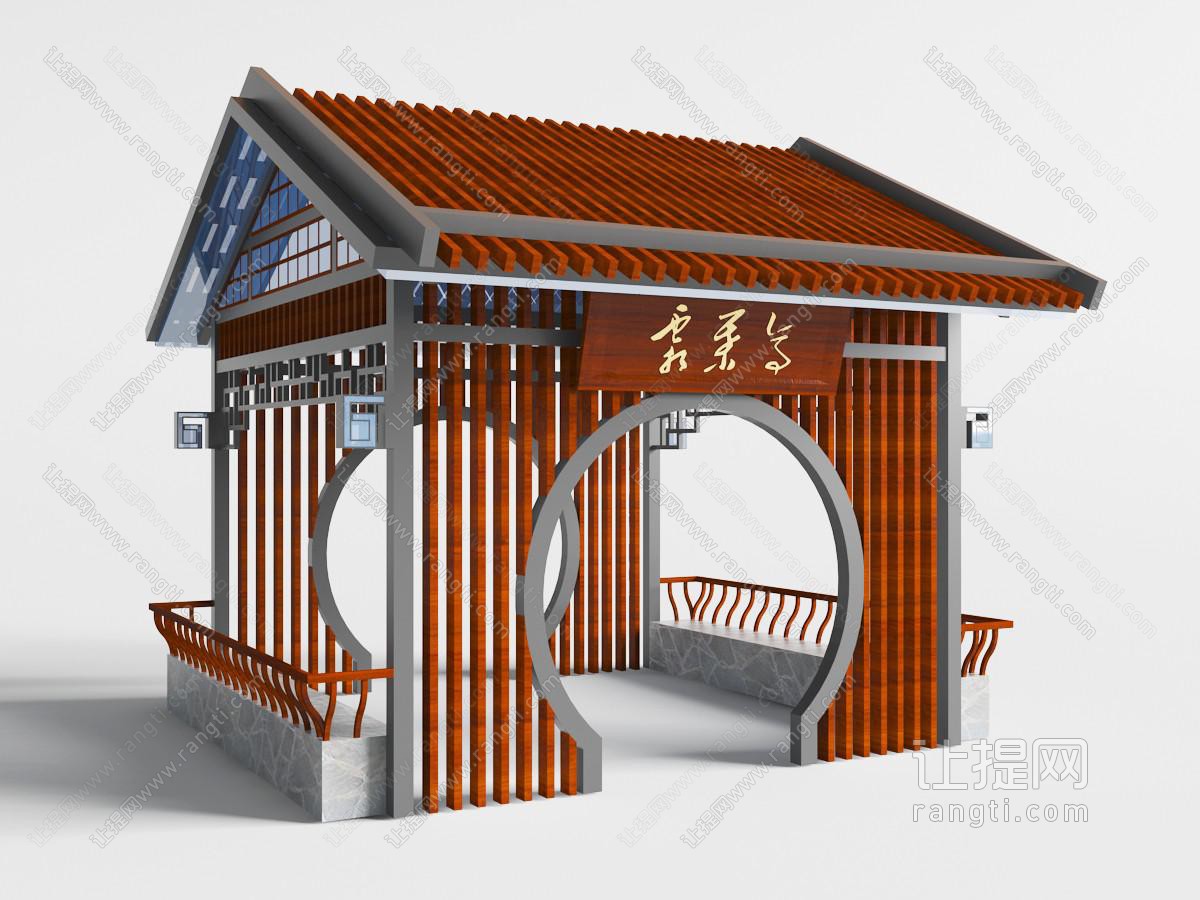中式带有实木栅格的斜顶亭子
