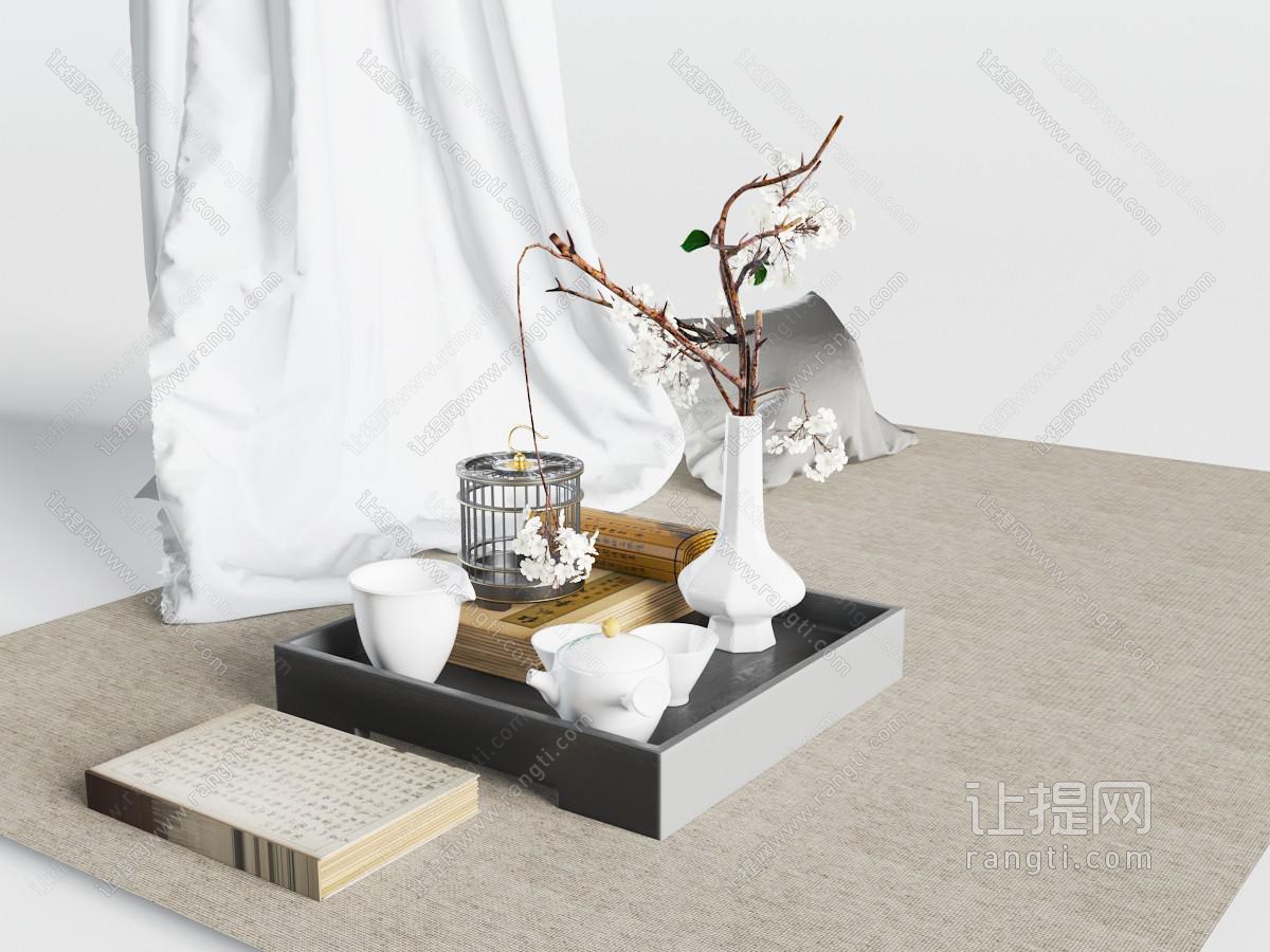 中式茶盘茶具和花瓶花卉