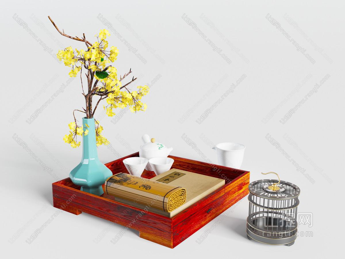 中式茶盘茶具、花瓶花卉