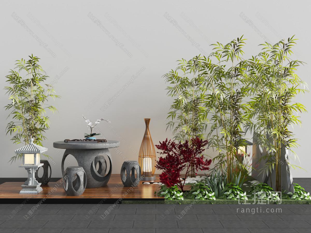 中式庭院石桌鼓凳茶盘和竹子景观小品