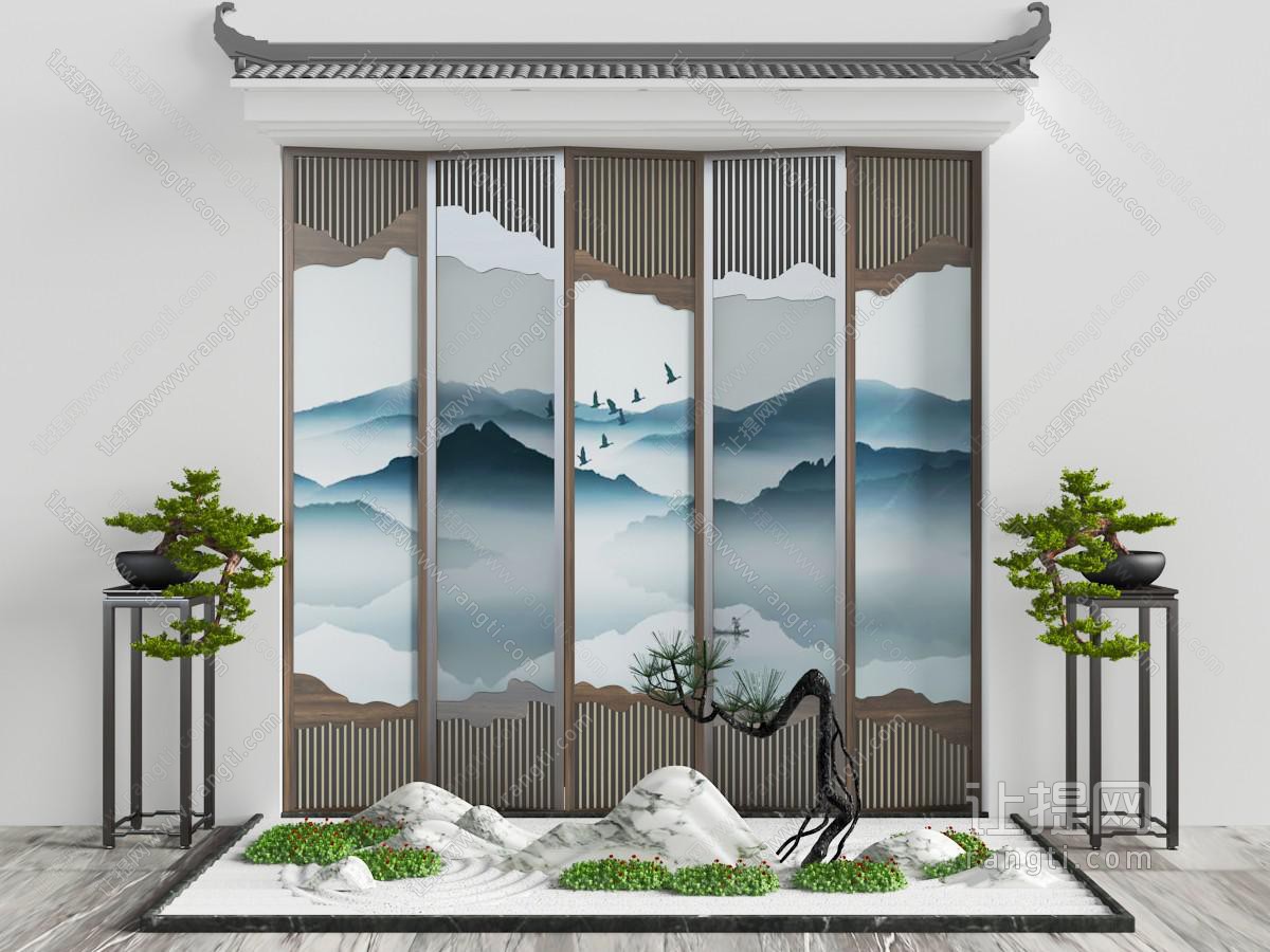 中式假山、松树和屏风景观小品