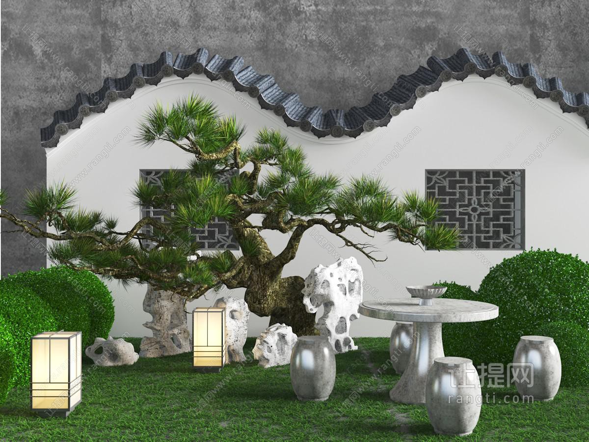 中式庭院假山松树石桌石凳景观园艺小品
