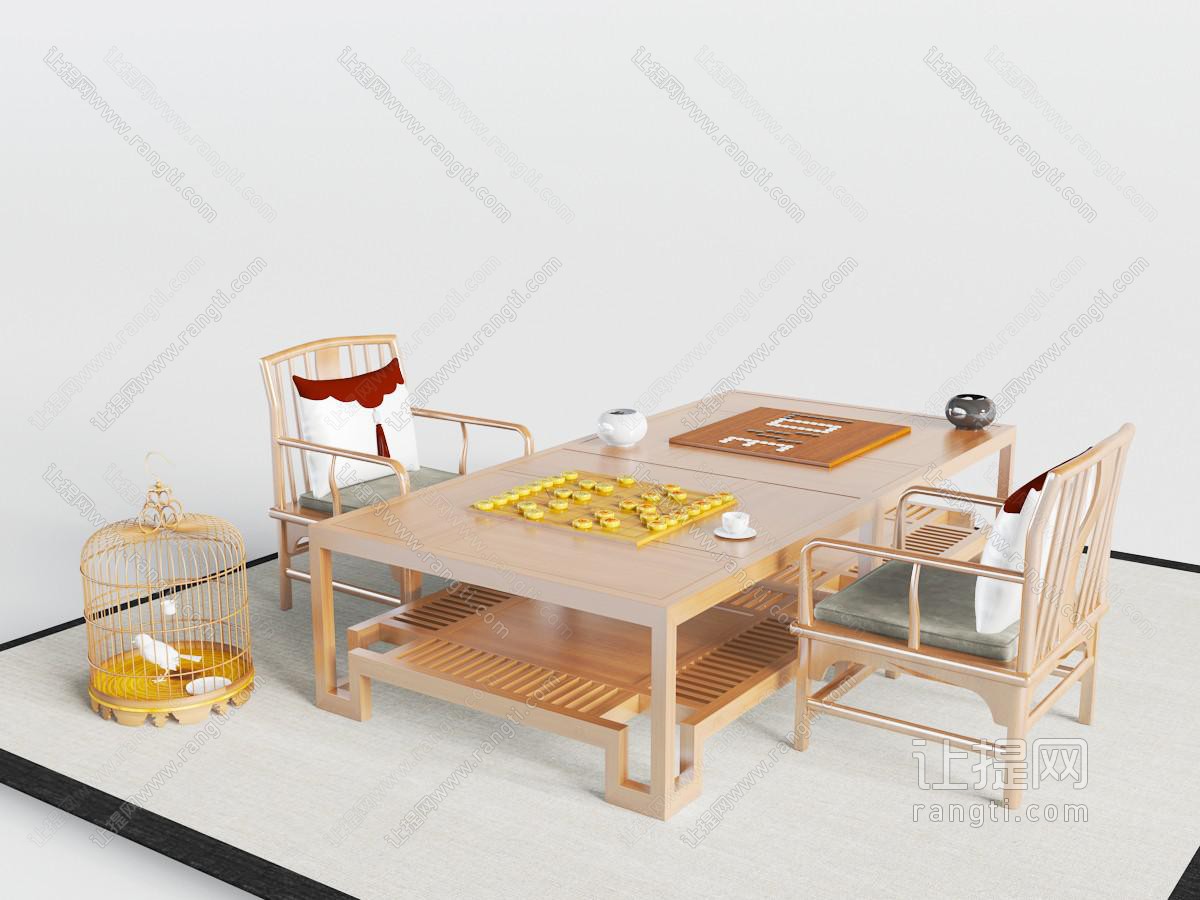 中式实木长方形象棋、围棋桌椅组合