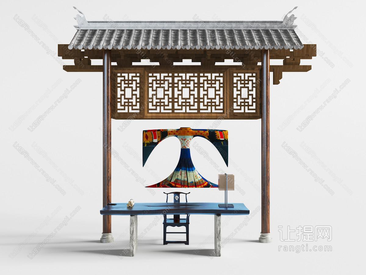 中式仿古建筑大门、茶桌椅