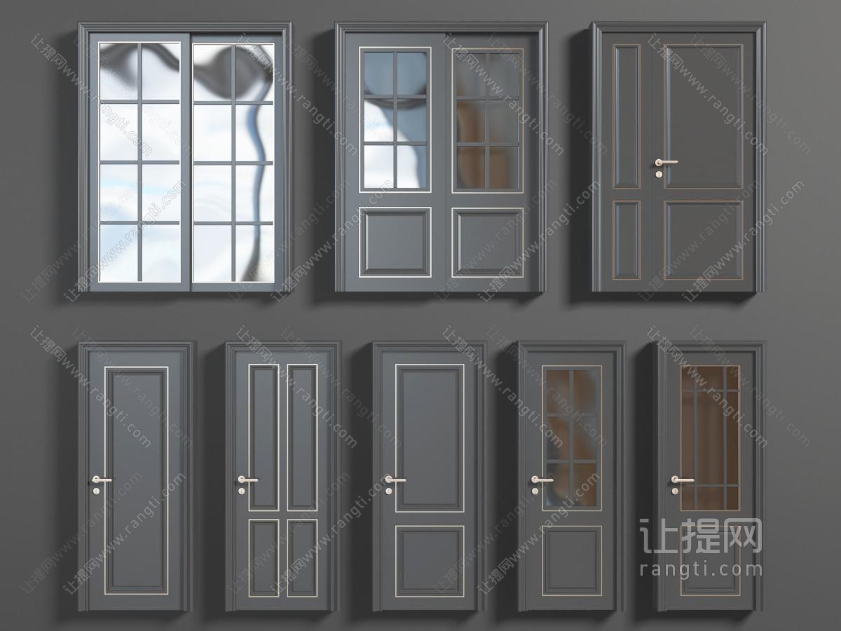 现代黑色卫生间、卧室和厨房推拉门、平开门