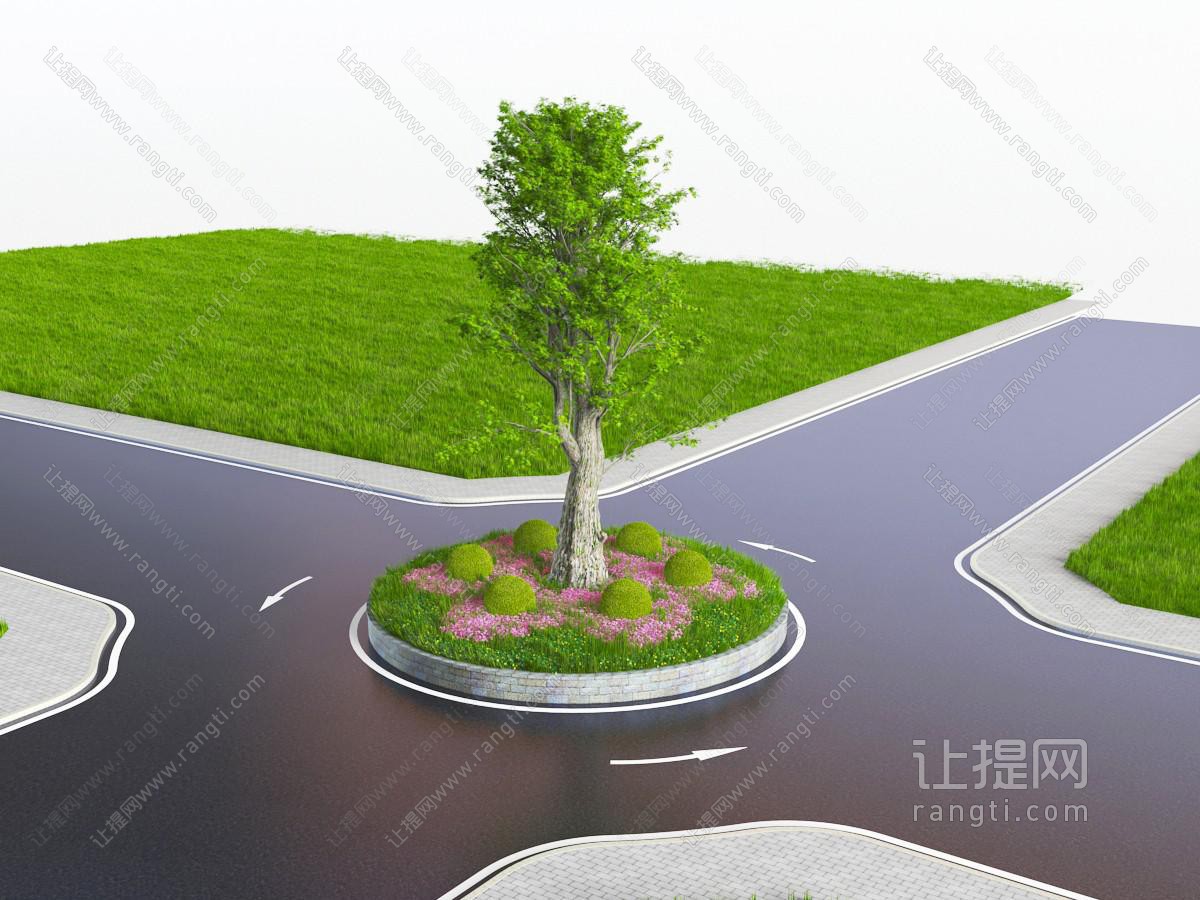 十字路口转盘花坛景观树木