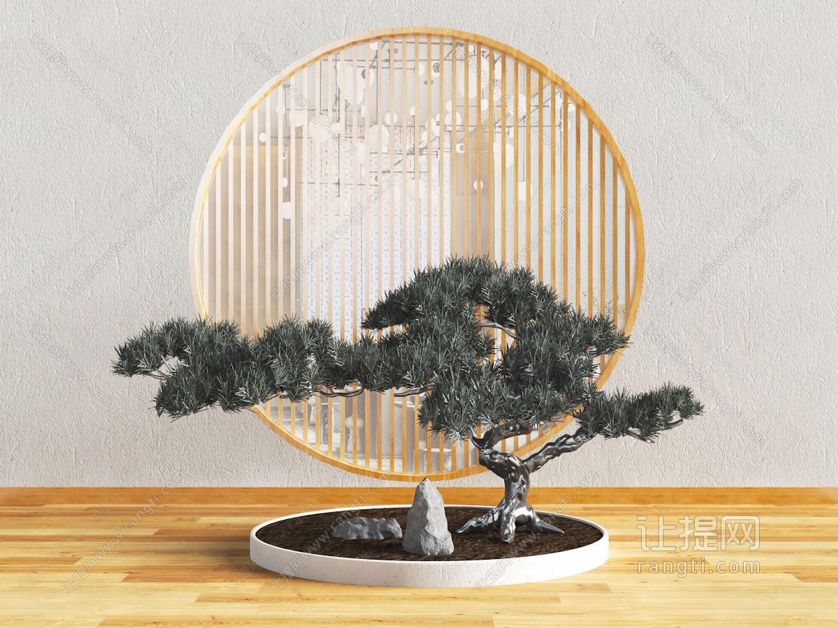 中式松树窗格景观小品