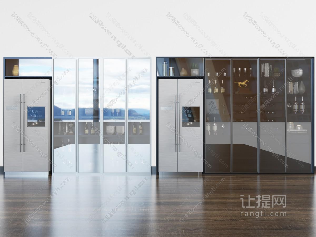 新中式嵌入冰箱的玻璃柜门餐边柜