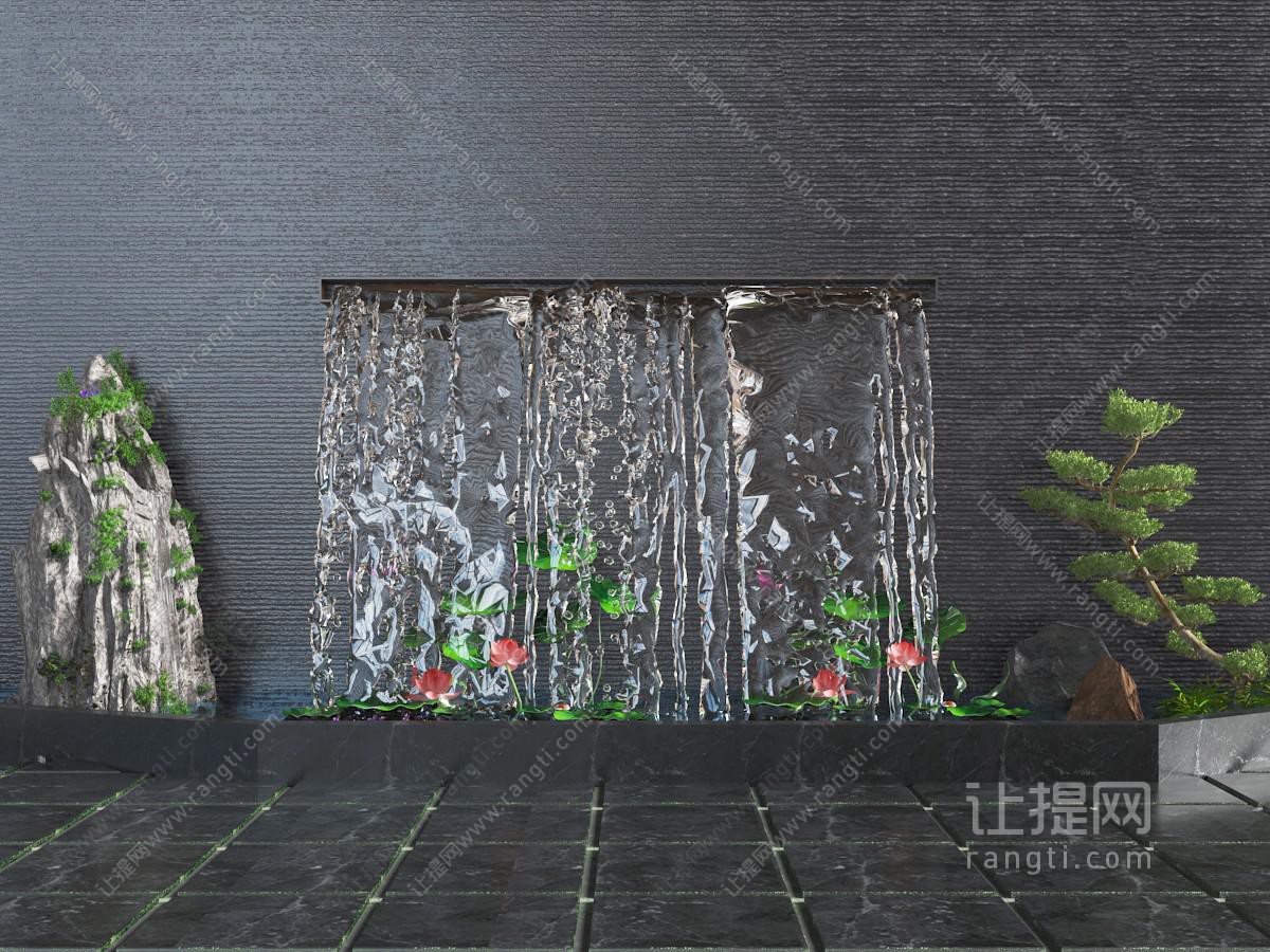 中式瀑布荷花水池景观小品