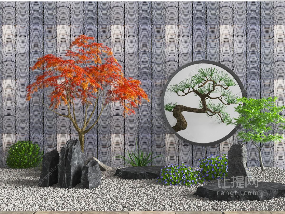 中式假山松树石头景观小品