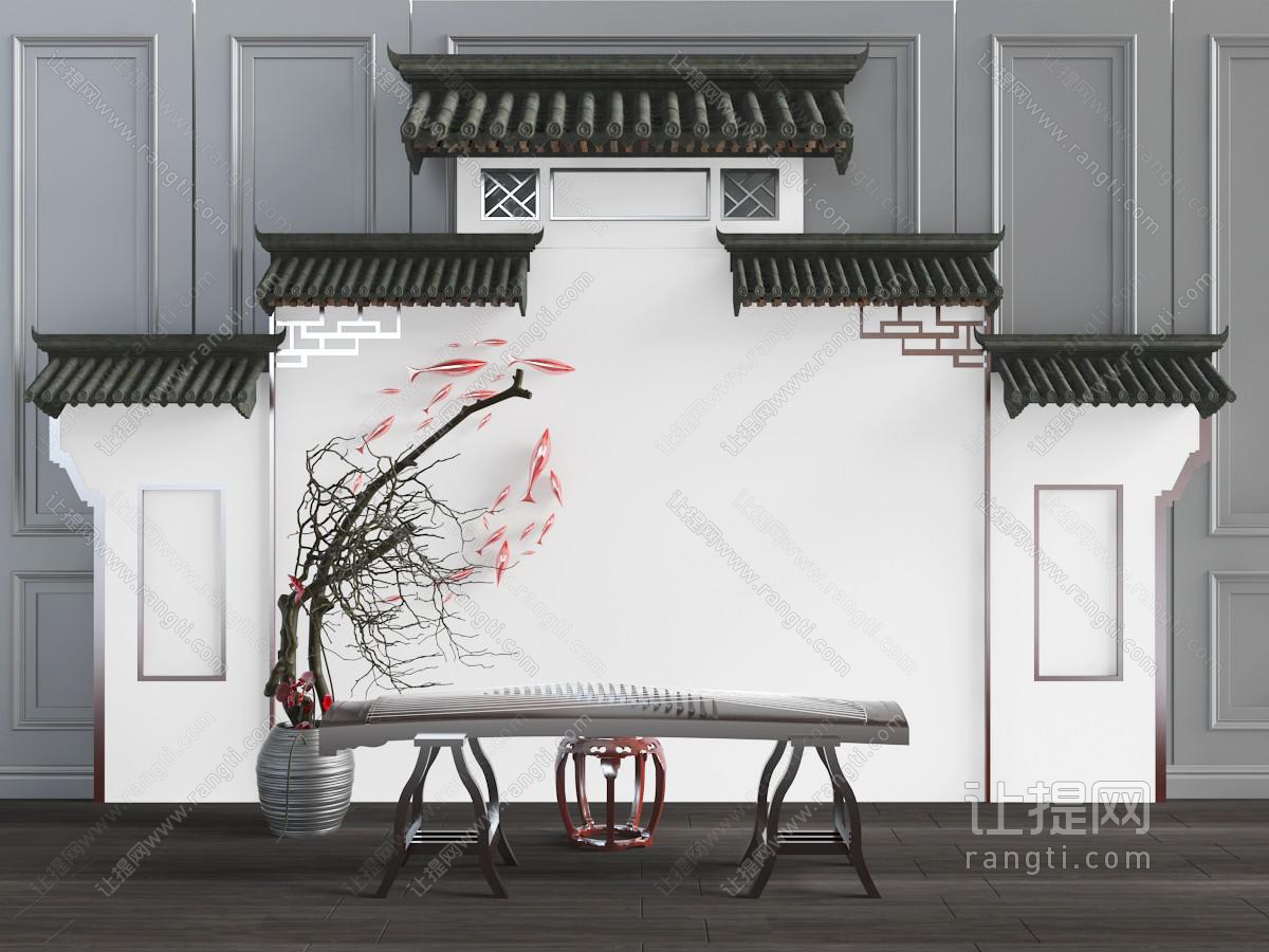 中式马头墙背景古筝乐器