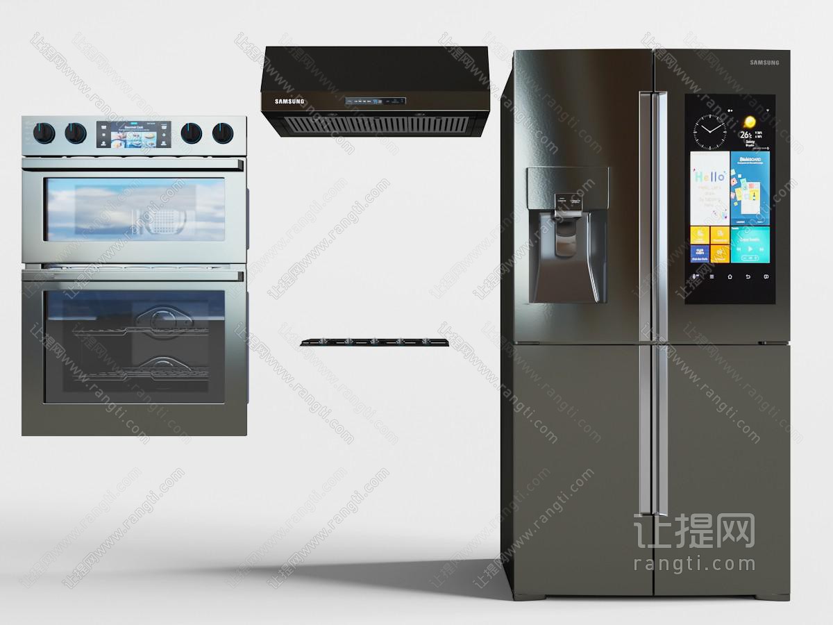 现代黑色带饮水机的双门电冰箱、烤箱厨房电器