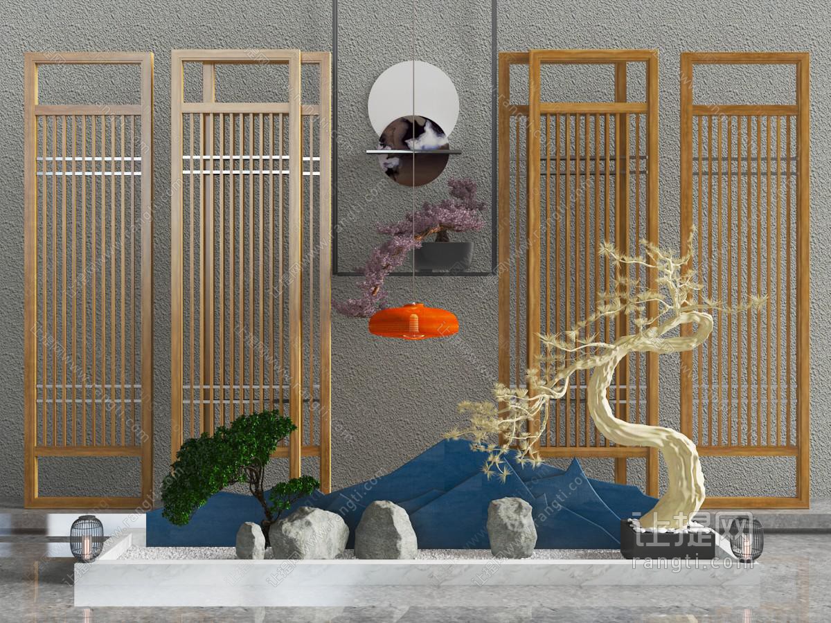 中式石头、松树、屏风景观小品