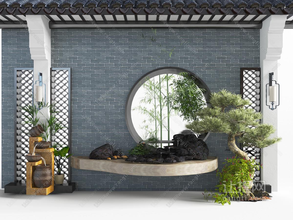 中式松树窗格景观小品