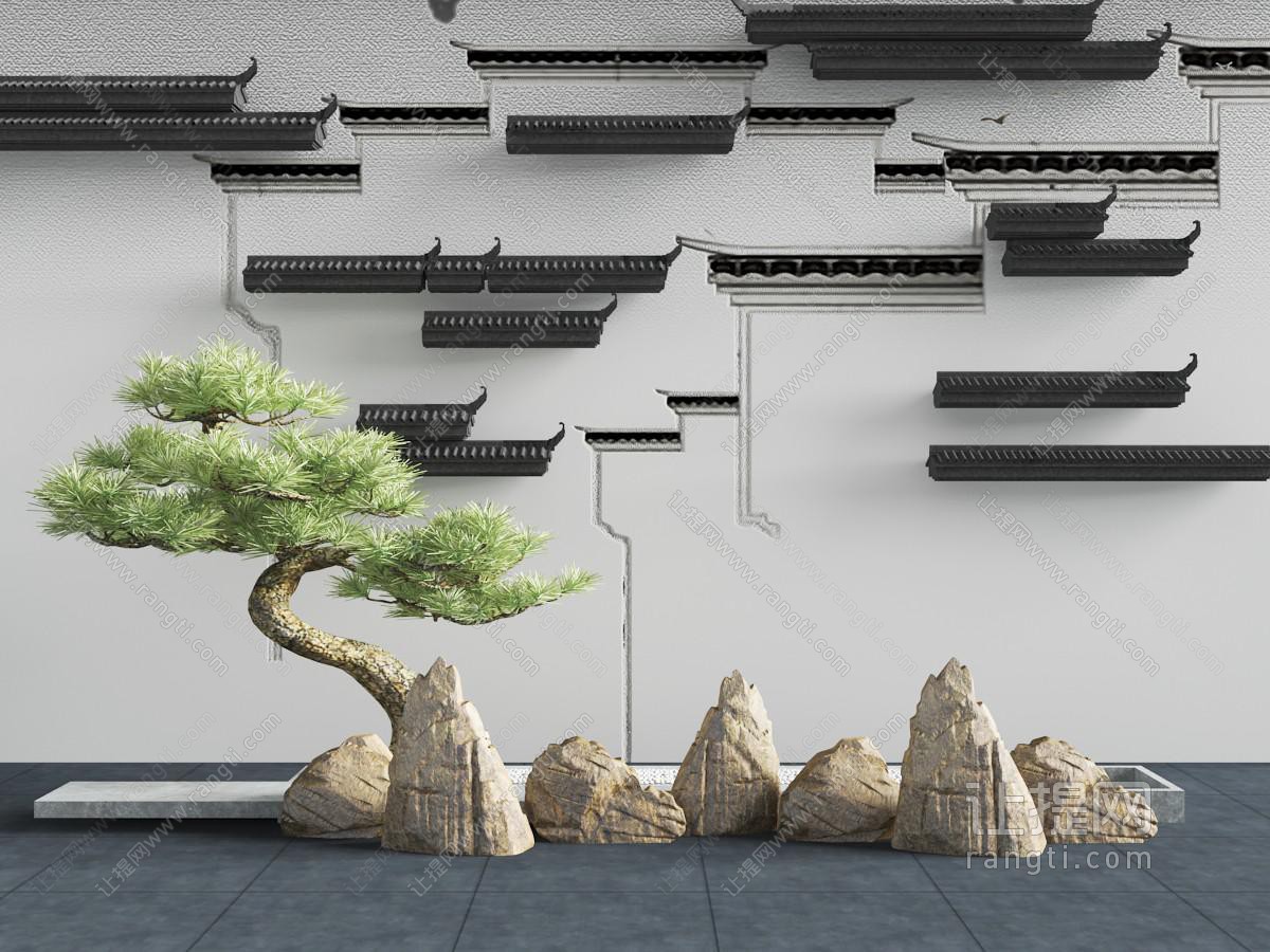 中式松树石头马头墙景观小品