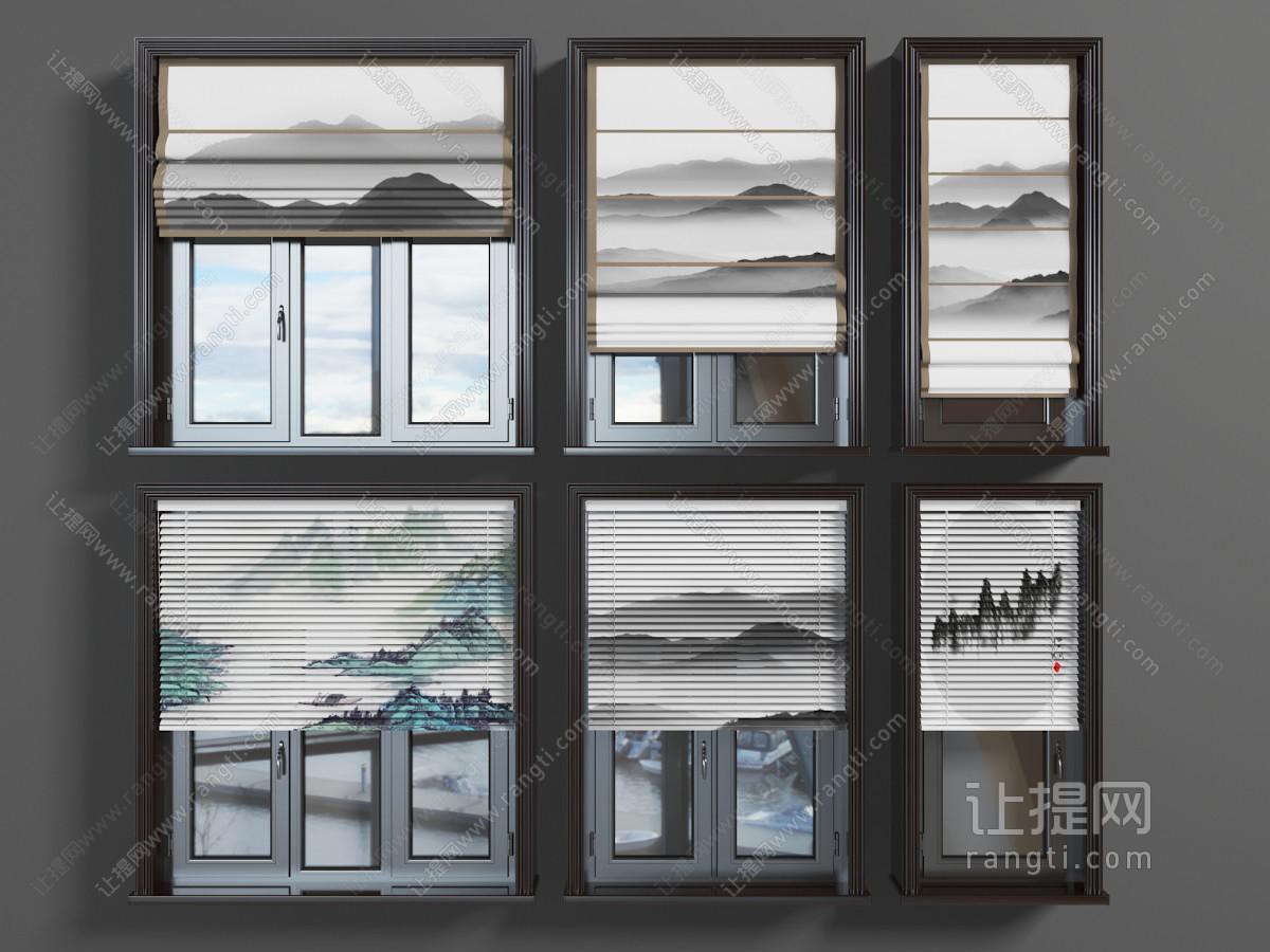 新中式装饰山水图案的百叶窗帘、平开窗