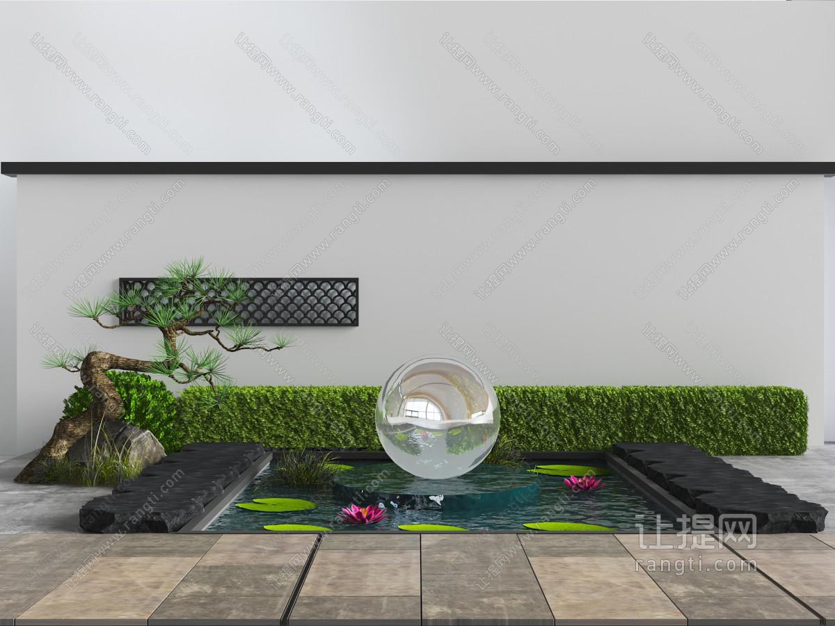 中式庭院莲花水塘松树景观小品