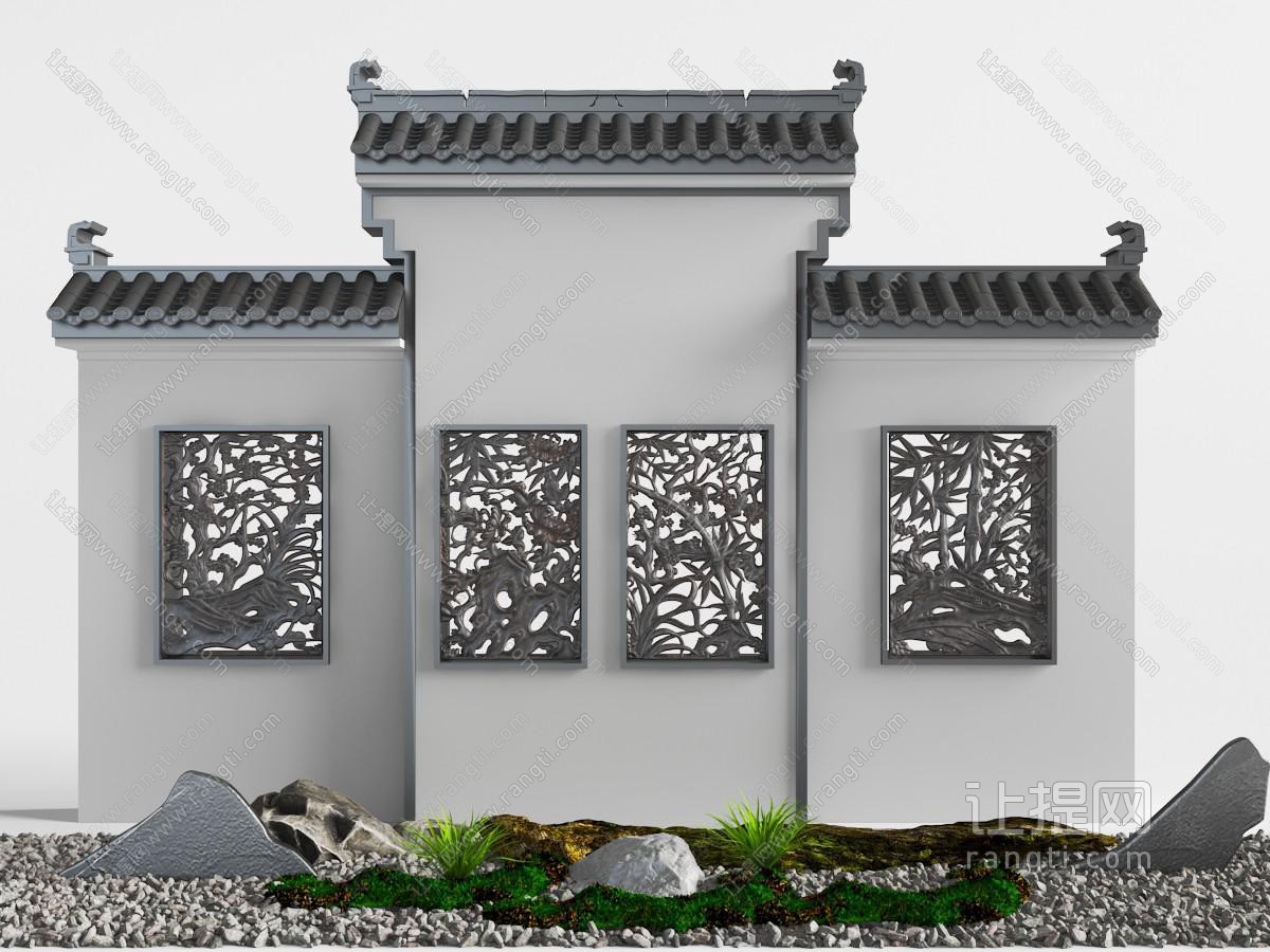中式窗格马头墙石头景观小品