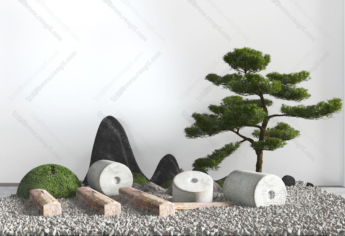 新中式石磙、假山、松树景观小品