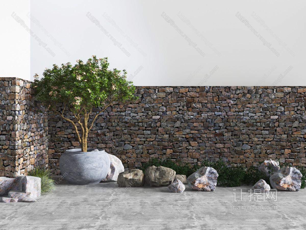 庭院文化石背景墙石头盆栽植物景观小品