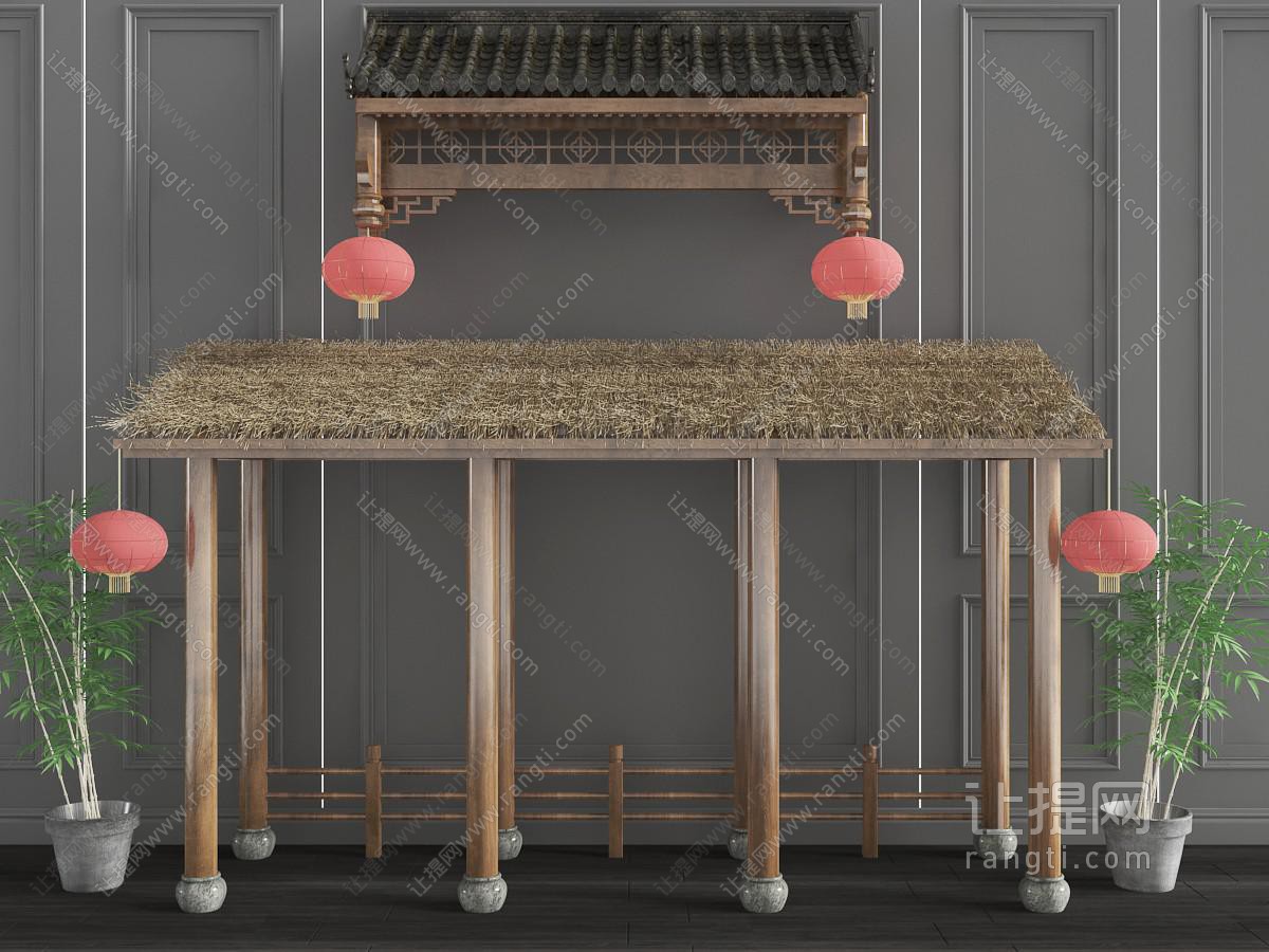 中式茅草屋顶的屋檐亭子