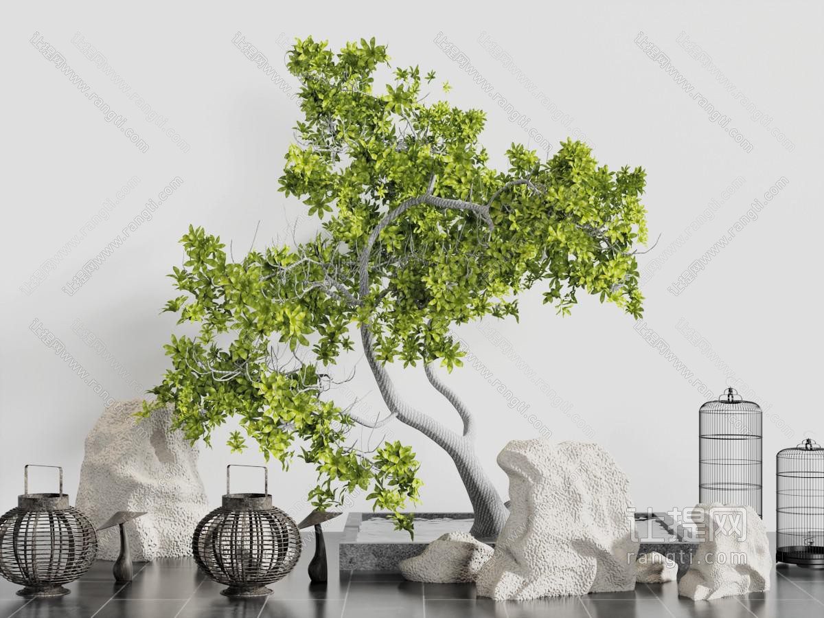 中式树木石头景观小品