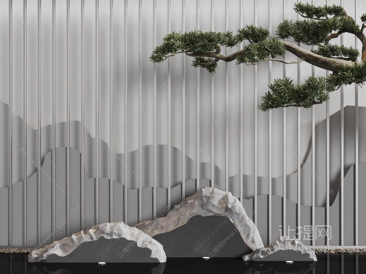 新中式假山松树景观小品