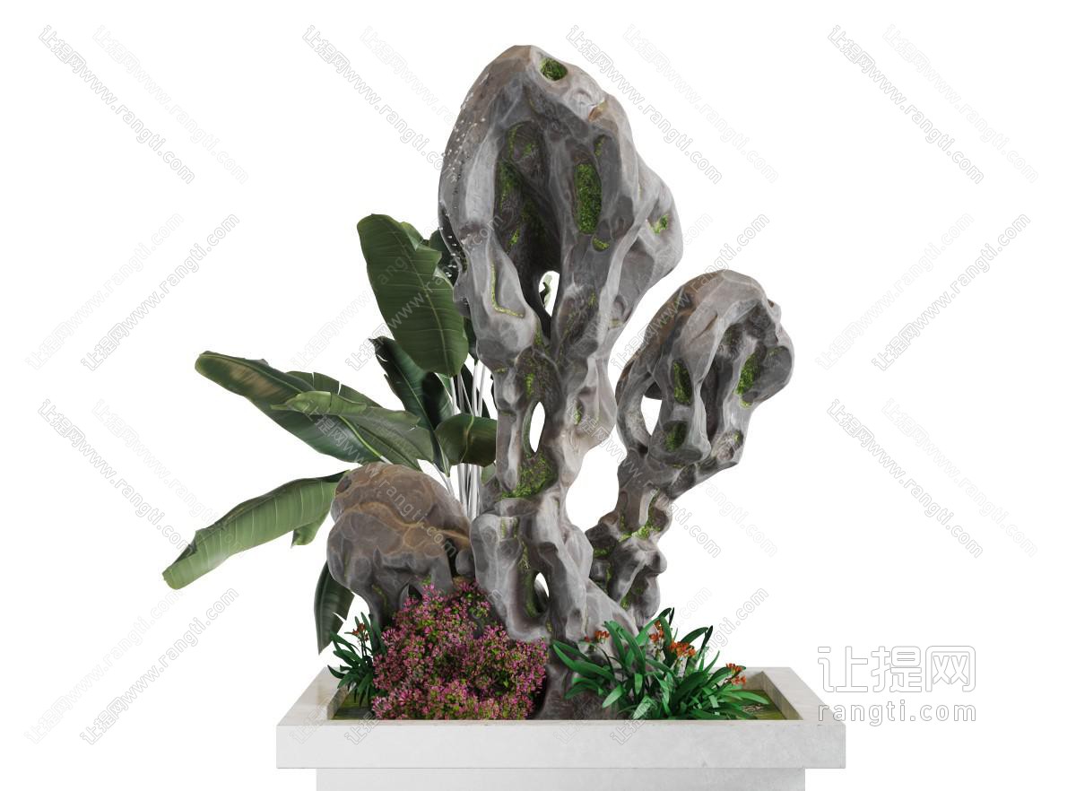 中式花坛中的假山园艺小品